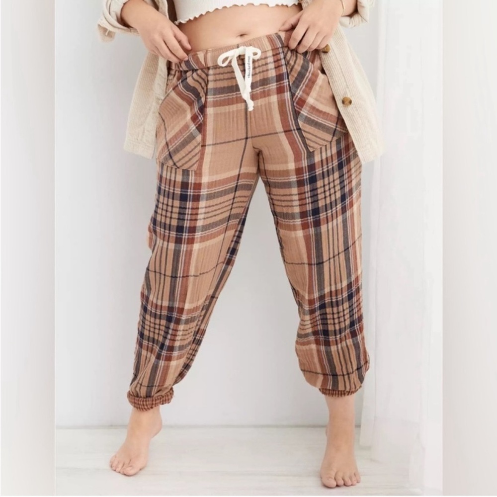 Plaid Drawstring Lounge Pants - Tan Plaid